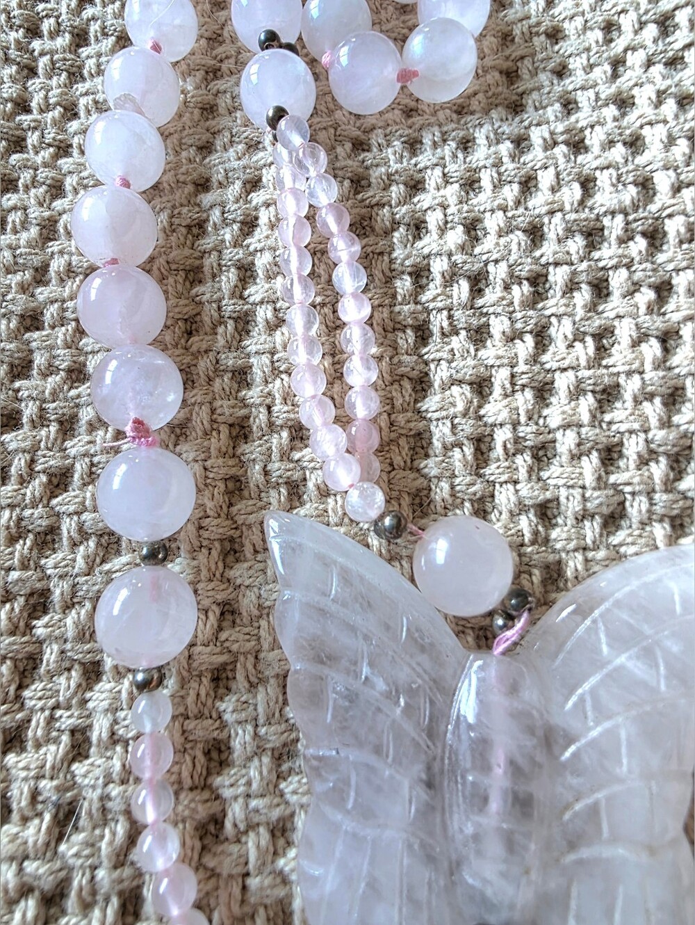 Vintage Artisan Rose Quartz Crystal Bead Necklace Butterfly Pendant - Picture 5 of 9